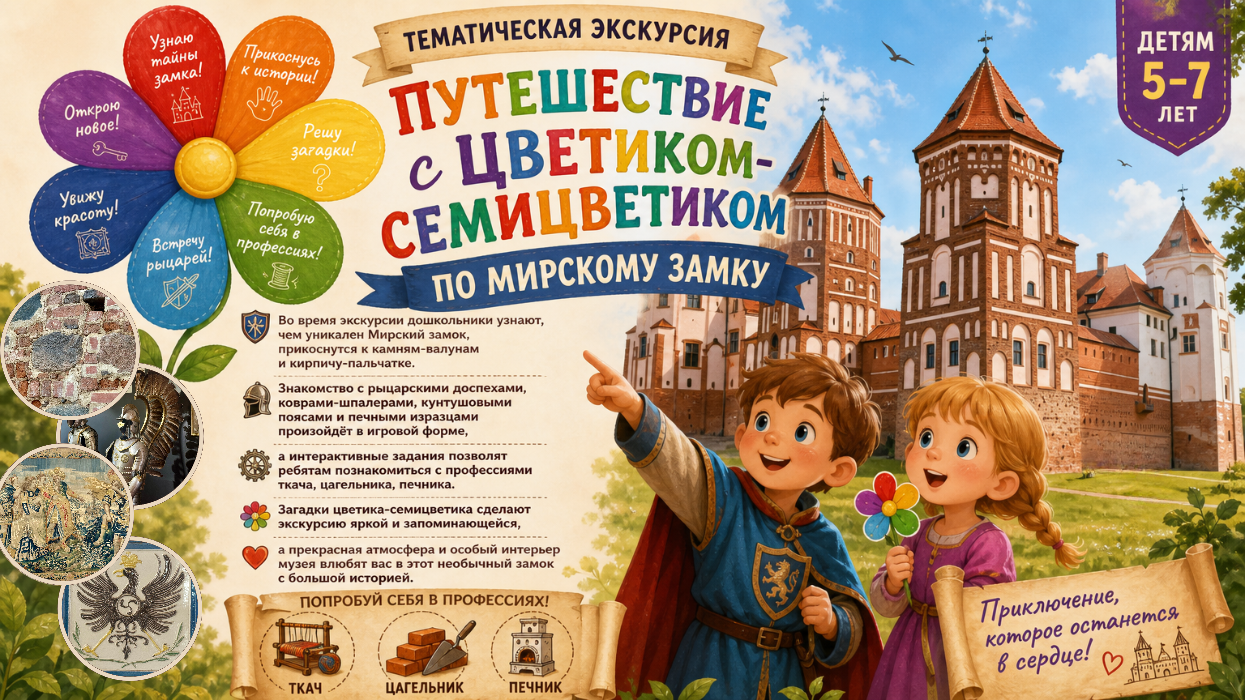 Тематическая экскурсия «Путешествие с цветиком-семицветиком по Мирскому замку»